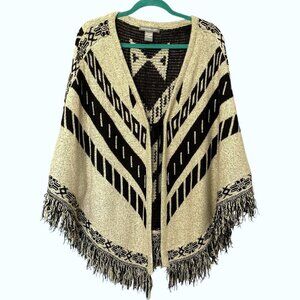Kate & Mallory Womens Fringed Sweater Poncho Sz S Beige Southwestern Bohemian